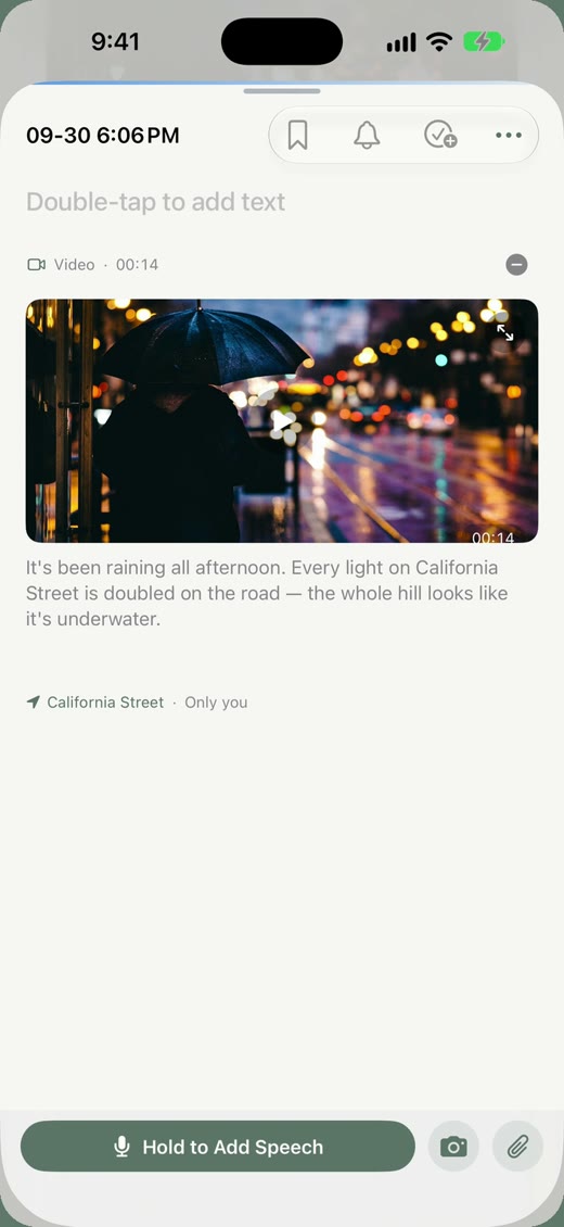 A video note with its transcript on the timeline